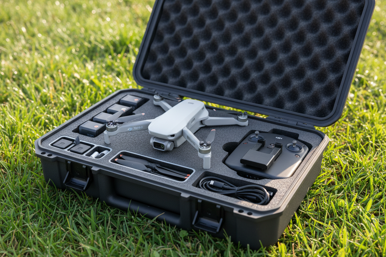 genere moi une image d'un drone dji neo 2 dans son coffret ouver dans de l'herbe 