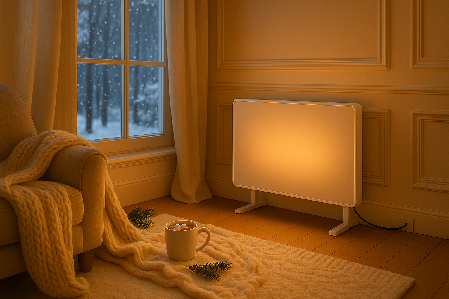 la meme image d'hiver mais avec un chaffage en rectangle moderne comme on peu trouver sur alliexpress