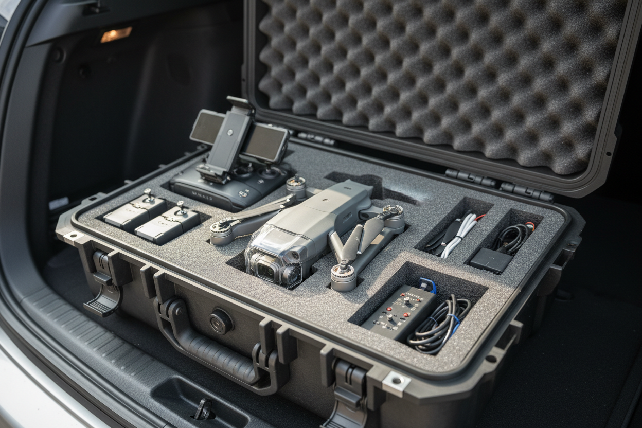 la vue plus dans le coffre et la boite du drone ouvert avec vue sur le dessus